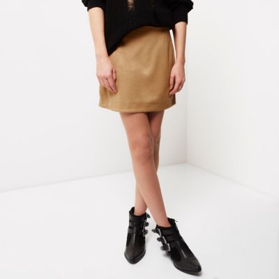 Tan faux suede stitch mini skirt